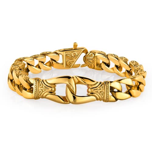 Urban Jewelry Men’s 24K Gold Plated Link Bracelet Collection – Fleur De Lis Chain & Intricate Black Detail, 8.5–9 Inch, Scratch‑Resistant, Secure Clasp, Gift Box