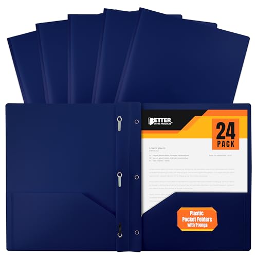 Better Office Products Blue Plastic 2 Pocket Folders with Prongs, Heavyweight, Letter Size Poly Folders, 24 Pack, with 3 Metal Prongs Fastener Clips, Blue
