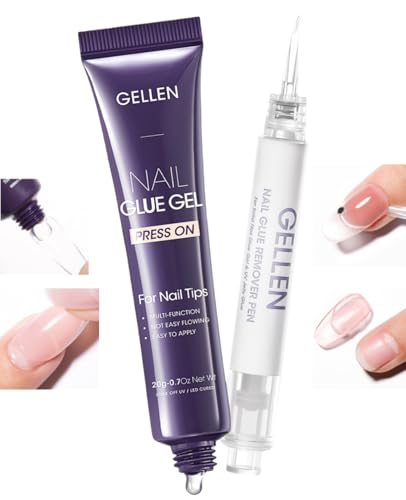 Image of Gellen Nail Glue and Remover Kit, UV Gel Nail Glue for Press Ons, 2 Pcs Non Acetone Gel Nail Glue Removers, Long Lasting Semi Solid Nail Glue Gel, Gentle Gel Glue Off for Beginner DIY at Home