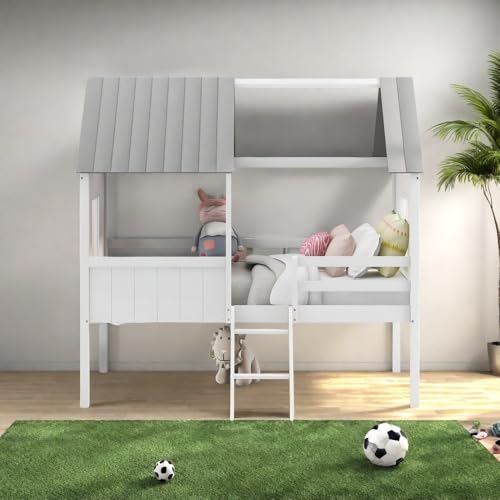 SOFTSEA Twin Size House Bed with Two Side Windows and Storage, Solid Wood Low Loft Bed with Roof for Kids, White+Gray