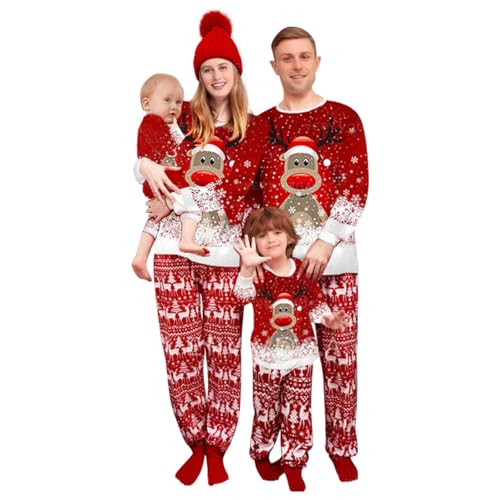 Weihnachten Familie Pyjama Set Lange Sleepwear Nachtwäsche Ärmel Niedlich Elch Druck Rundhal Sausschnitt Plaid Schlafanzug Family Loungewear Outfit Geeignet Für Damen Herren Kinder und Baby Rot