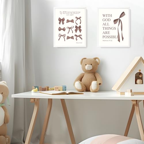 Image of LARTSFRO Coquette Brown Bow Wall Art Decor Posters, Chocolate Brown Bow Room Bedroom Bathroom Dorm Wall Art Decor Aesthetic for College Teen Girls Gifts, Inspirational Bible Verses Bow Wall Decor, 10x8 Inch Set of 4 Pcs Bow Pictures (UNFRAMED)