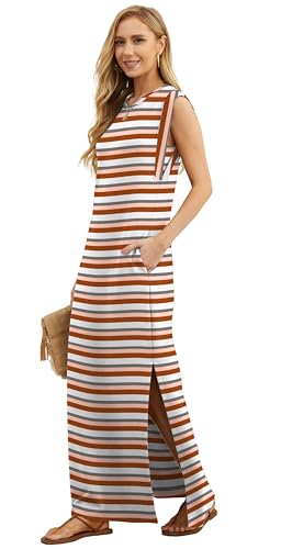 Image of GRECERELLE 2026 Women Year-Round Casual Round Neck Loose Split Wrinkle-Free Long Maxi Vacation Dress with Pockets (XXS-4XL)