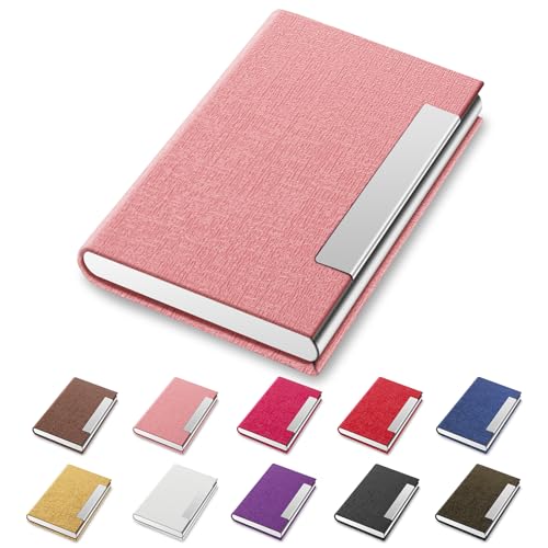 Business Card Holder/Case with Premium PU Leather and Stainless Steel for Men and Women - B-Pink