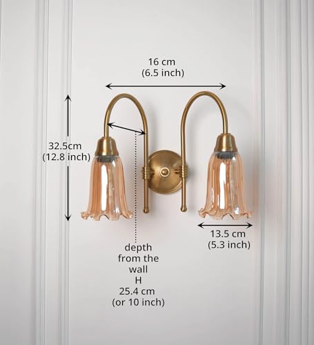 Image of Divine Trends Double Hockey Wall Lamp Antique Brass Finish with Fluted Flower Golden Glass for Living Room, Bedroom, Home Decoration Wall Light - Pack of 1