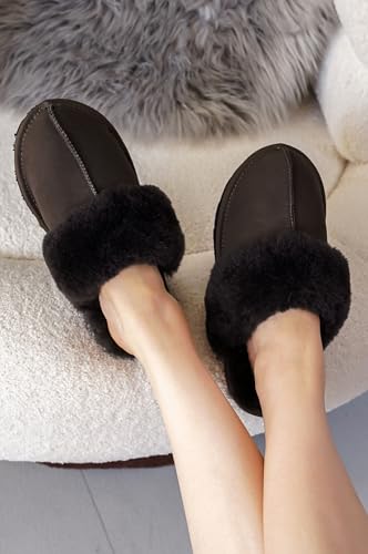 Image of Project Cloud Genuine Leather Slippers for Women with Genuine Fur Lining, Non-Slip Indoor /Outdoor Clog Mule Slippers, Memory Foam Insole