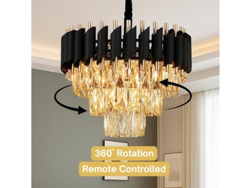Image of Modern Black & Gold Crystal Moving Chandelier, 400mm (40 Cm. (15.7 Inch) Round LED Pendant Light with Remote Control, Multicolour changing ,Luxury Contemporary Ceiling Light Fixture For decoration A