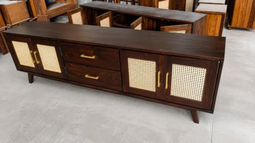 Image of Space Galaxy Solid Sheesham Wood TV Unit with Cane Rattan Doors | 4 Door Entertainment Cabinet with 2 Drawers | Wooden Media Console & Storage Stand for Living Room, Bedroom & Home | Walnut Finish