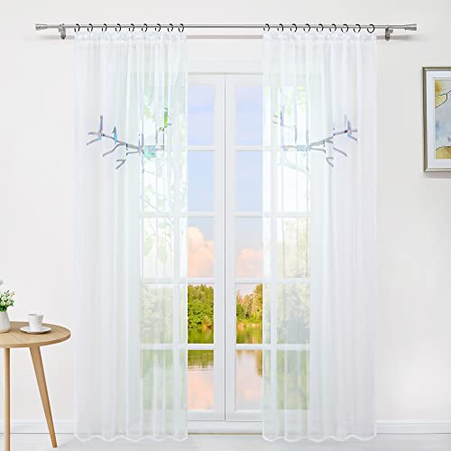 Yujiao Mao Voile Curtain with Birds on Branch Landscape Print Pattern Modern Transparent Curtain with Ruffle Tape 2 Pieces W x H 140 x 245 cm