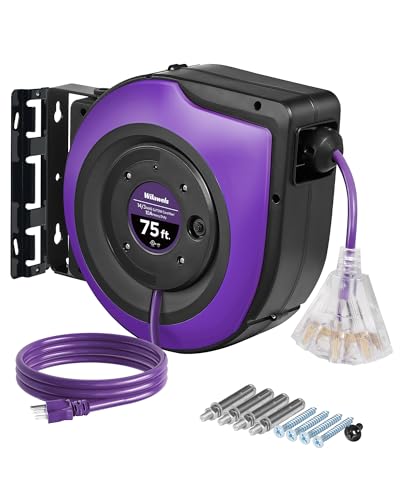 WILAWELS Extension Cord Reel, 75 FT Retractable Extension Cord Reel, 14AWG/3C SJTOW, Lighted Triple, 10A Circuit Breaker, Wall/Ceiling Mounted, Heavy Duty Power Cord, UL Listed, Purple P75CR06