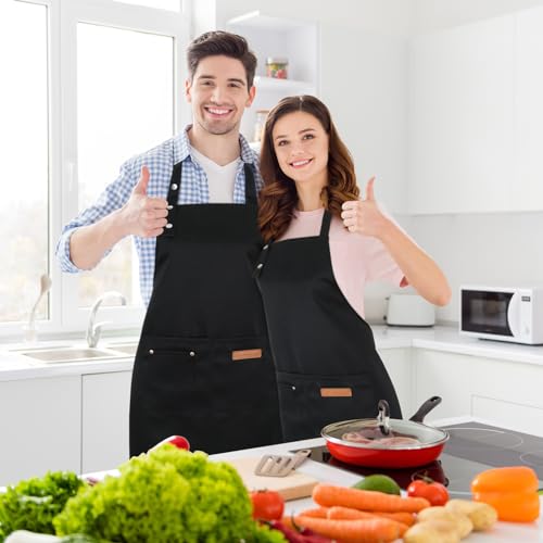 Livdouyu 2 Stück Schürze für Damen und Herren, Wasserdicht Koch Schürze mit 2 groß Taschen, Verstellbare Küchenschürze Grillschürze Arbeitsschürzen für Kochen Malen Backen Hausarbeiten (Schwarz)