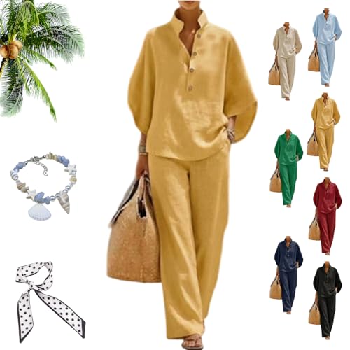 Women’s Batwing Sleeve Linen Cotton Two-Piece Set – Casual Shirt