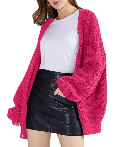 Image of QUALFORT Women's Oversized 100% Cotton Cardigan Sweater | Long Sleeve V Neck Button Down Open Front Knit Outerwear
