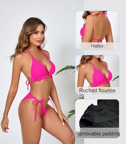 Women's Two Piece Triangle Bikini Sets Ruffle Halter Tie Side String Adjustable Sexy Swimsut with Romovable Padded3