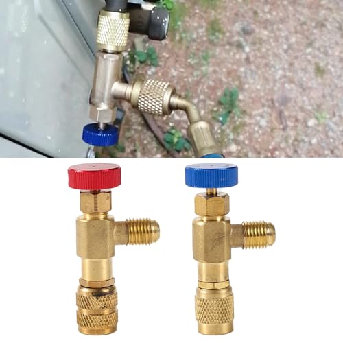 GKmow 2 PCS Refrigerant Charging Valve, All Copper Material Air Conditioning Refrigerant Liquid Safety Valve, 1/4 Safety Adapter Flow Control Ball Valve for R22 Air Conditioner Manifold (Gold)
