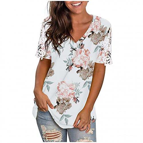 Letshop Summer Tops for Women Casual, Women s Floral Print V Neck Lace Short Sleeve T Shirts Casual Loose Tunic Blouse Beige