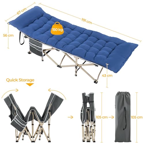 Yaheetech Cama Plegable Camping Tumbona Portátil Acolchada con Colchón de 150 kg Cama de Campamento con Almohadilla con Bolsa de Transporte Gris y Azul - imagen 3