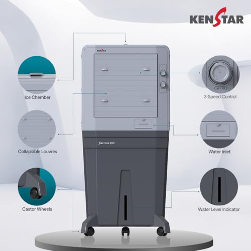 Image of Kenstar Farrata HC 100 Desert Air Cooler for Home - Inverter Compatible, Wood Wool Cooling Pads, Large Wheels (100L, 170 Watts)