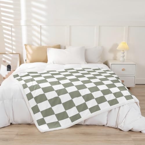 Image of Erosebridal White Sage Green Checkered Fleece Bed Blanket Buffalo Plaid Grid Throw Blanket Queen 90 inchX90 inch for Kids Adults Men Women Checkerboard Sherpa Blanket Aesthetics Gingham Flannel Blanket