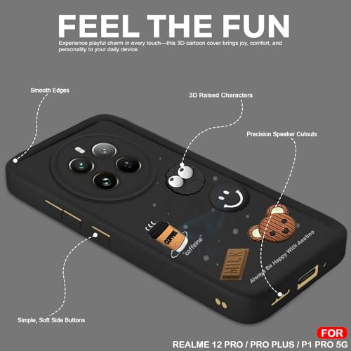 Image of AESTMO Back Case Cover for Realme 12 Pro /Pro Plus / P1 Pro 5G | Cute Fun Cartoon 3D Ball | Coffee Silicone Case | Full Body Protection | Camera Protection Back Cover (Black)