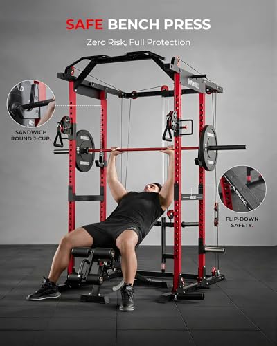 Image of Mikolo K6 2.0 Power Cage, Power Rack with Cable Crossover System, 2000LBS Squat Rack with LAT Pull Down System, Functional Trainer with Aluminum Pulley System for Home Gym