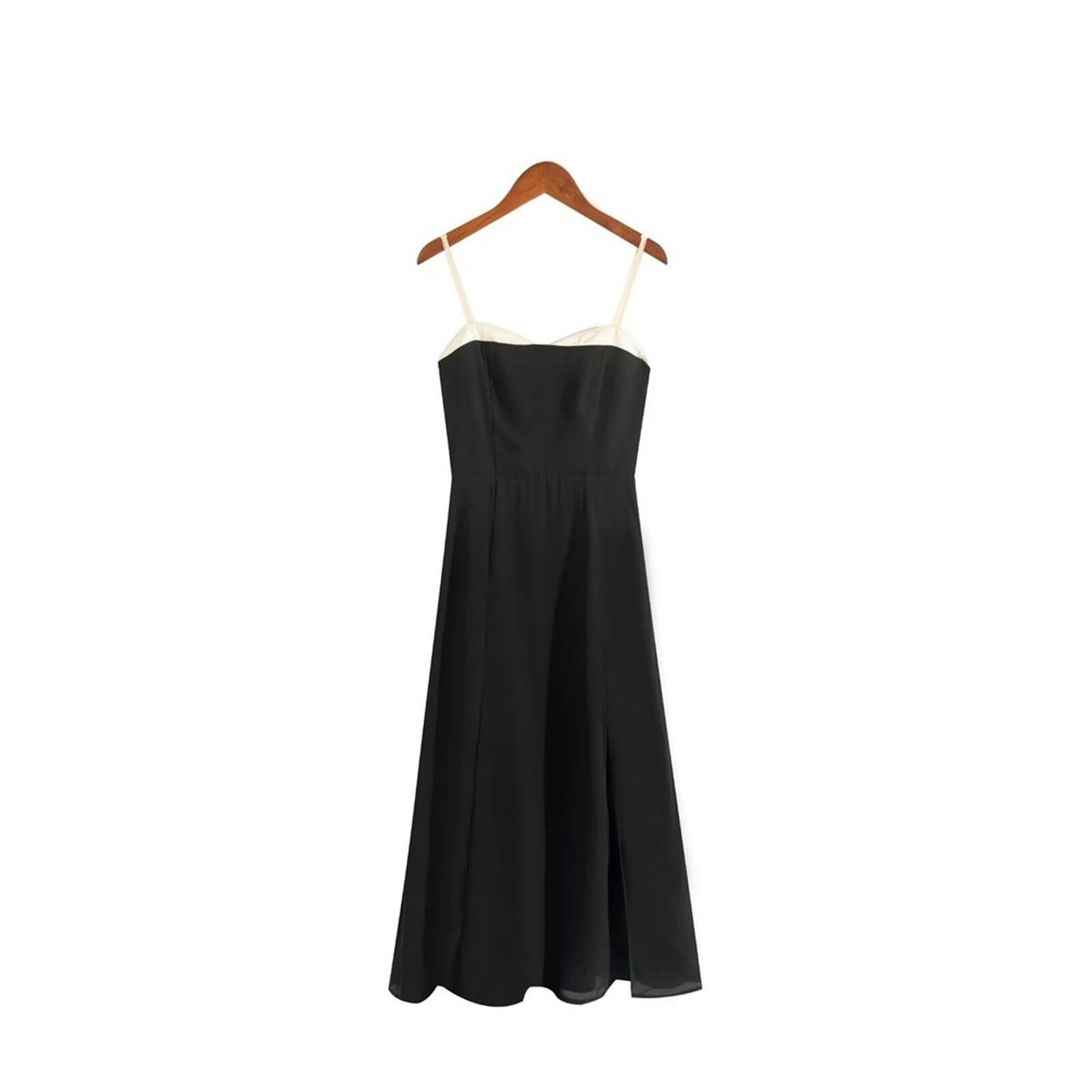 Robe à bretelles mi-longue au design contrasté pour affiner la silhouette en été chic AS1