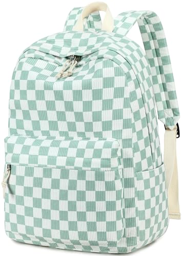 BTOOP Mochila escolar para adolescentes, grande, de veludo cotelê, leve, para meninas, meninos, casual, colegial, faculdade, mochila, Xadrez verde-branco, Clássico