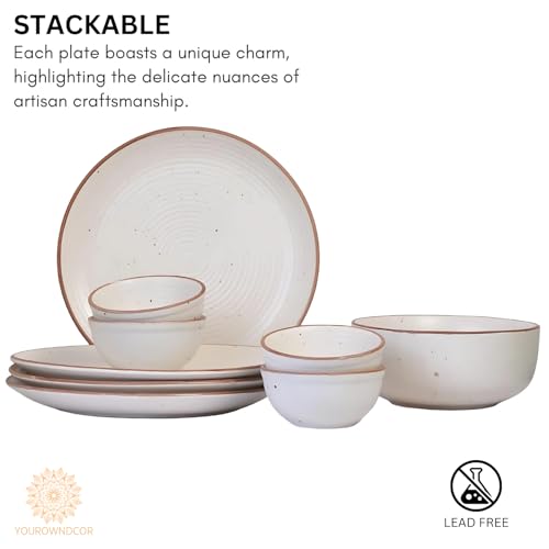 Image of Ribbed Ceramic Plates for Dinner with Katoris (9 Pieces, 4 Bowl & 4 Plates and 1 Large Serving Bowl Dishwasher & Microwave Safe) -Dinner Sets Ceramic Bowls Set Dinnerware Sets White