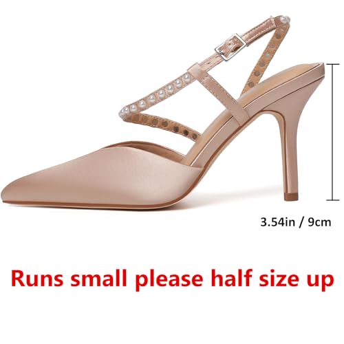 RINBONGZ Women's Pearl High Heels Pointed Closed Toe Wedding Shoes for Bride Stiletto Ankle Strap Satin Pumps Elegant Bridal Formal Party Evening Work Dress Shoes2