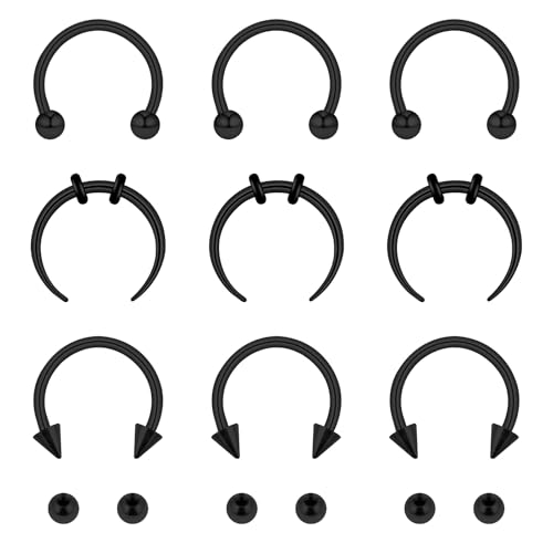 Meyeyaia 9PCS Black Horseshoe Nose Ring, 16g Septum Tragus Earring Lip Helix Belly Piercing Jewellery with Replacement Ball,Septum Piercing Jewellery for Men Women