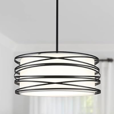 Corlaceling 16" Black Drum Pendant Lighting Kitchen Island 3-Light Modern Farmhouse Chandelier with White Fabric Shade Rustic Hanging Light Fixtures for Dining Room Hallway Bedroom Foyer