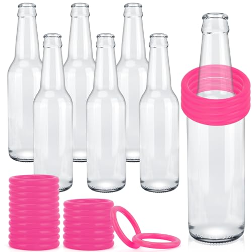 30 Pcs Ring Toss Game Carnival Game Set Include 24 Plastic Throw Rings and 6 Glass Bottles for All Occasions and Events, Summer Backyard Fun, Beach, Carnival Party Favor (Pink, 2.36')