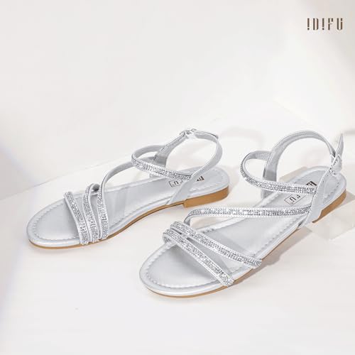 IDIFU Rhinestone Strappy Sandals for Women Dressy Summer Glitter Flat Sandals with Back Strap Open Toe Slingback Ankle Strap Sandals Wedding Bridal Prom Sparkly Bling Comfortable Cute Dress Sandals4