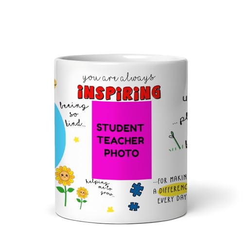 Image of DAYS Thank You Teacher Personalized Mug Custom Teacher's Name Best Teacher Gift, Teacher on Birthday Helping Me to Grow Ceramic Mug 11oz (Name and Picture)