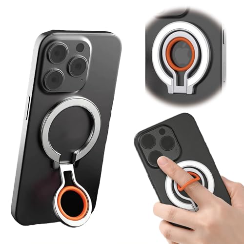 Magnetic Phone Stand with Silicone Finger Grip 2-in-1 Premium Alloy Desk Holder & Hand Loop MagSafe Compatible for iPhone 17/16/15 Series & All Smartphones (Magnetic Ring Included) - [Silver/Orange]