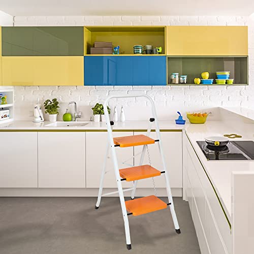 Winado Folding 3 Step Ladder, Steel Step Stairs Lightweight W/Handle Grip Anti-Slip Sturdy Wide Pedal, 330Lb Capacity Yellow #TOP5