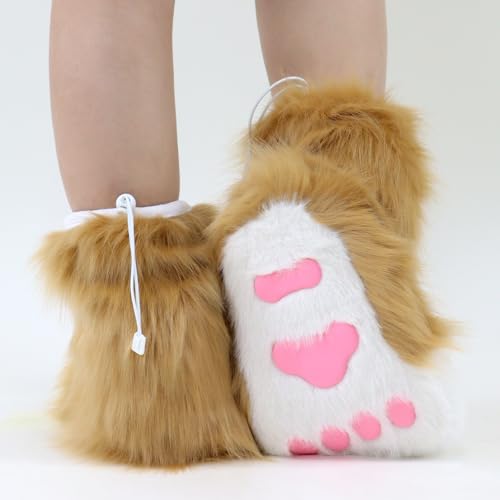 Image of Animal Fuzzy Slippers Bear Cat Wolf Dog Fox Fursuit Feet Paw Claw Shoes Furry Boots Costume Accessories for Adult Kids