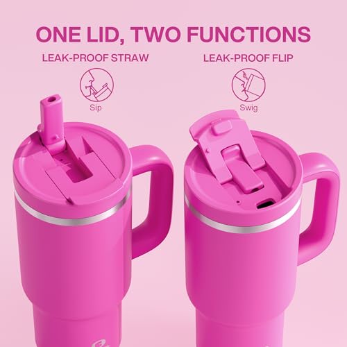 Image of ENCOOL 32 oz Tumbler with Handle and Straw: Stainless Steel Insulated Tumbler Keeps Cold for 24 Hours, Leakproof Travel Cup Fits in Cup Holder and BPA-Free,Persian Rose