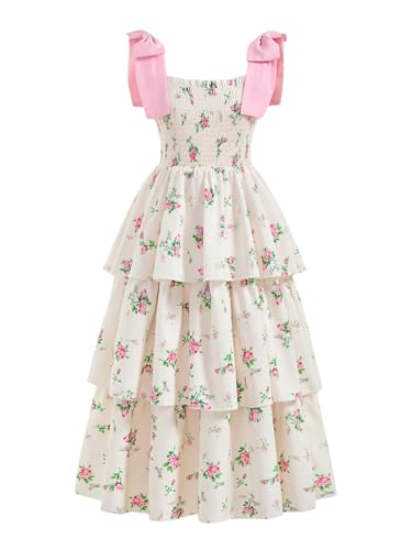 Verdusa Girl's Ditsy Floral Print Layered Ruffle Dress Sleeveless Tie Shoulder Elegant Midi Dresses