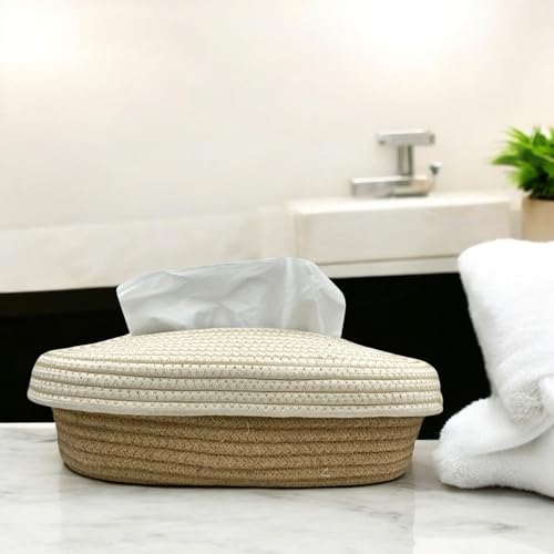 Image of BOBBINY Jute Cotton Tissue Box Holder, Handcrafted Tissue Container for 100 Pulls Natural Tissue Holder for Office Living Bedroom Car Desk Dining Table Home Decor (Off White & Brown, Design 5)