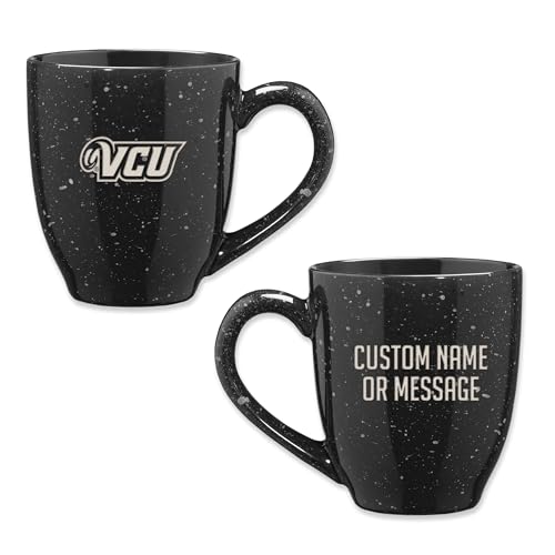 Image of Rico Industries NCAA Virginia Commonwealth Rams Black Personalized 16 oz Team Color Laser Engraved Speckled Ceramic Coffee Mug