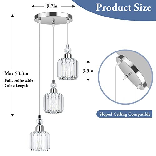 3-Light Crystal Pendant Light For Kitchen Island, Dining Room Modern Cluster Pendant Lighting Over Table, Hanging Ceiling Chandelier Fixture With Adjustable Cord For Hallway Corridor Bedroom, Chrome #TOP2