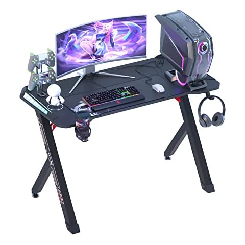 FATIVO Computer Gaming Desk RGB LED: Small Game Table 100cm x 60cm Carbon Fiber Black Desktop Gamer Desks for Monitor Keyboard Headphone Hook Cup Holder PC Accessories Office Home Workstation Cover