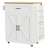 IRONCK Kitchen Island Table with Storage, Rolling Kitchen Cart with Power Outlet, Storage Cabinets on Wheels with Drop Leaf, Portable for Dining Room, White