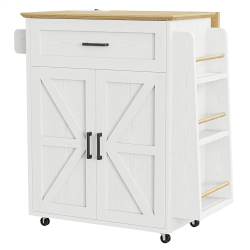 IRONCK Kitchen Island Table with Storage, Rolling Kitchen Cart with Power Outlet, Storage Cabinets on Wheels with Drop Leaf, Portable for Dining Room, White