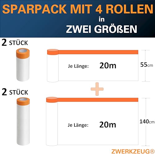 ZWERKZEUG Masking Film with Masking Tape, 55 cm x 20 m, 140 cm x 20 m - Image 2