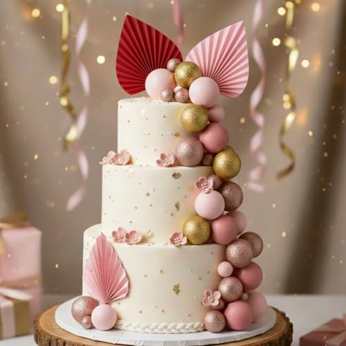 CeroDimo 32Pcs Boho Cake Topper Set 2 Red & Pink Paper Fans with 30 Small Balls Pink Theme Cake Decorations for Wedding Birthday & All Festive Celebrations