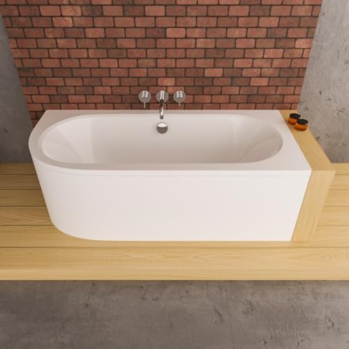 ECOLAM® Badewanne Avita 150x75 cm Schürze | Wanne Ablauf in der Mitte | Eckwanne Modern Design | Eckbadewanne rechts + Ablaufgarnitur Ab- und Überlauf Automatik Füße Silikon Komplett-Set Acryl weiß