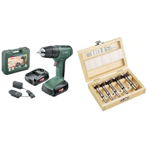 Bosch Home and Garden Cordless Combi Drill UniversalImpact 18 (2 Batteries, 18 Volt System, in Carrying case) + 5-piece Tungsten Carbide Hinge Cutting bit Set (Ø 15/20/25/30/35 mm)