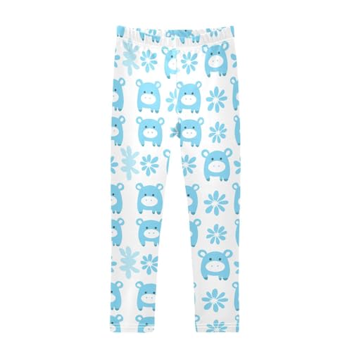 Cartoon Cow Blue Flower Girls Casual Leggings for Kids Printed Long Pant Bottoms Stretch and Soft